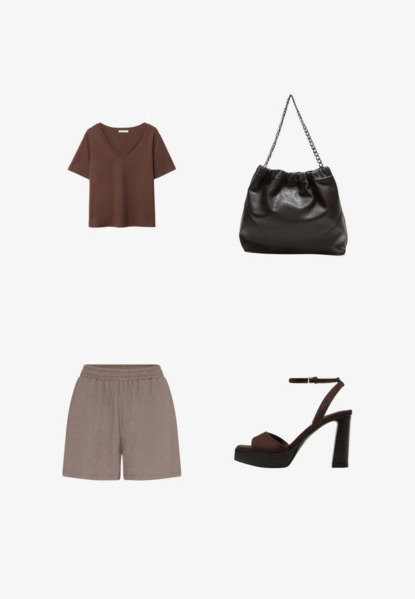 Hnedé bavlnené tričko s krátkymi rukávmi a hlbokým V-výstrihom. Jednoduchý dizajn, jemná textúra a rovný lem. Bez vzorov alebo akcentov.; Hnedé, textúrované šortky s elastickým pásom. Vyžaduje si voľný strih a jednoduchú konštrukciu, vhodné na každodenné nosenie.; Hnedé semišové sandále na vysokom podpätku s otvorenou špičkou, nastaviteľným členkovým remienkom a pruhovanou platformovou podrážkou.; Hnedá kožená taška so zberaným vrchom a reťazovým popruhom. Hladký povrch s lesklým finišom a jemným švom po stranách.