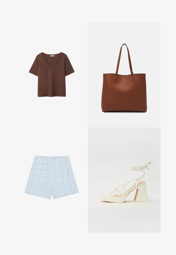 Ruskea puuvillapaita, jossa on lyhyet hihat ja syvä V-kaula-aukko. Yksinkertainen muotoilu, pehmeä rakenne ja suora helma. Ei kuvioita tai yksityiskohtia.; Vaaleansiniset ruutushortsit, jotka on valmistettu teksturoidusta kankaasta. Shortseissa on väljä leikkaus ja laskokset lisäyksinä.; Valkoinen korkokenkä, jossa on paksu korko, ja joka sisältää nauhakiinnityksen ja nilkkaketjun. Sujuva pinta, jossa on platform-etupohja lisäkorkeutta varten.; Ruskea nahkainen olkalaukku, jossa on sileä pinta, avoin yläosa ja kaksi olkahihnaa. Omaavat vain minimaalisen ompelun eikä näkyvää metalliosaa.