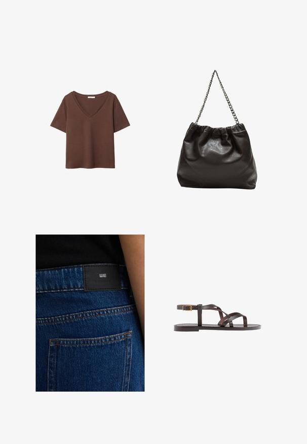 Smeđa pamučna majica kratkih rukava s dubokim V-izrezom. Jednostavan dizajn, mekana tekstura i ravni rub. Bez uzoraka ili naglasaka.; Plave traperice od denima s crnom kožnom oznakom s utisnutim logom. Šavovi su u narančastoj boji, a imaju klasičan dizajn s pet džepova.; Smeđe kožne sandale s iskrižanim trakama, umetkom za zapešće s kopčanjem i ravnim potplatom s minimalnim detaljima šivanja.; Smeđa kožna torba s naboranim vrhom i lančićem za nošenje. Glatka tekstura s sjajnim završetkom i suptilnim šavnim detaljima sa strane.