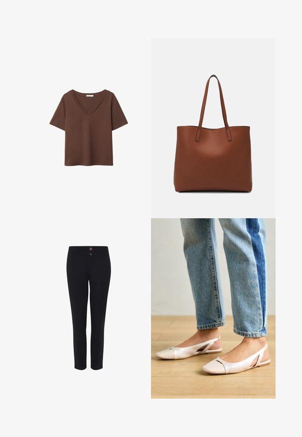 Rjava bombažna majica s kratkimi rokavi in globokim V-izrezom. Preprost dizajn, mehak material in raven rob. Brez vzorcev ali dekorativnih elementov.; Črne krojene hlače iz mešanice bombaža, z dvema sprednjima gumboma, ravnim krojem in gladko teksturo. Brez vidnih vzorcev.; Svijetloružičaste slingback balerinke s šiljastim nožnim prstima, napravljene od glatkog materijala nalik koži. Imaju izrezane detalje sa strane i ravne pete.; Rjava usnjena torba z gladko teksturo, odprto zasnovo zgoraj in dvema naramnima trakovoma. Opremljena je z minimalnim šivanjem in brez vidnih kovinskih delov.