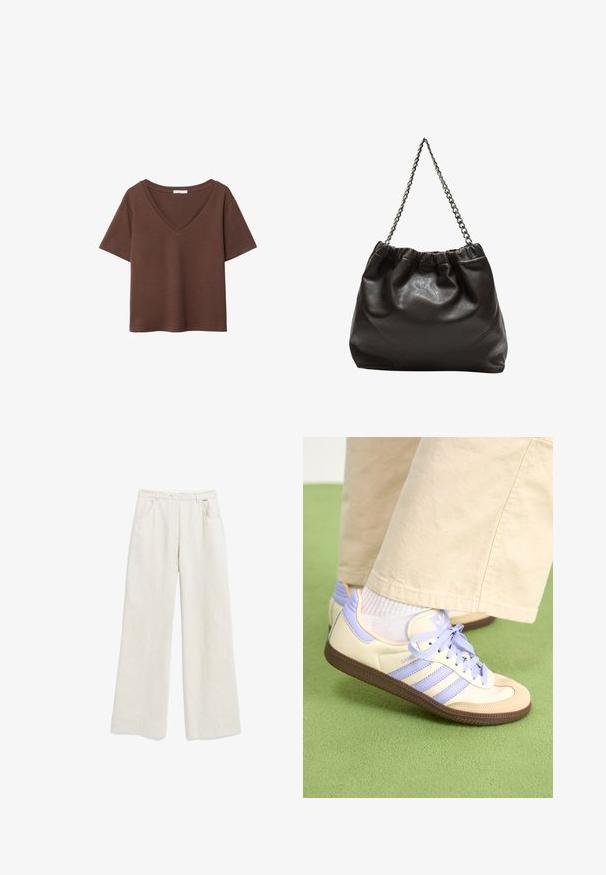 Brown cotton t-shirt with short sleeves and a deep V-neck. Simple design, soft texture, and straight hemline. No patterns or accents.; ARMEDANGELS JUMAA STRAIGHT - Trousers - linen; Cream and lavender sneakers with three stripes and a textured brown sole, featuring laces and a padded heel. Soft fabric upper.; Brown leather bag with a gathered top and a chain strap. Smooth texture with a glossy finish and subtle seam detailing on the sides.