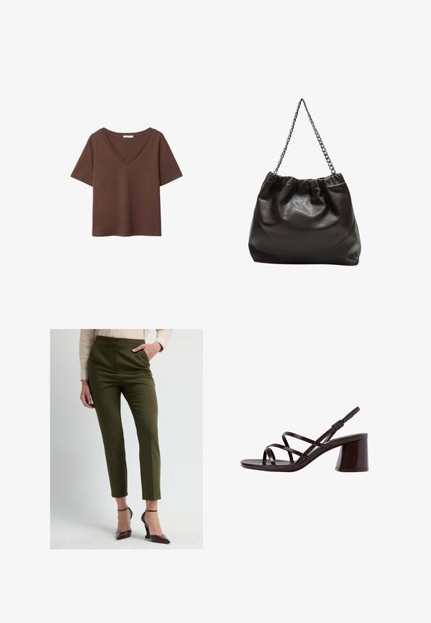 Ruskea puuvillapaita, jossa on lyhyet hihat ja syvä V-kaula-aukko. Yksinkertainen muotoilu, pehmeä rakenne ja suora helma. Ei kuvioita tai yksityiskohtia.; Olivinvihreät räätälöidyt housut, joissa on korkea vyötärö, kapeat lahkeet ja etusaumat. Yhdistetty viininpunaisiin, teräväkärkisiin korkokenkiin ja vaaleaan puseroon.; Ruske sandaale sa visokom potpeticom s debljim petama, s glatkom, sjajnom površinom i višestrukim križnim trakama na gornjem dijelu.; Ruskea nahkainen laukku, jossa on kerätty yläosa ja ketjuhihna. Tasainen pinta, jossa kiiltävä viimeistely ja hienovaraiset sauman yksityiskohdat sivuilla.