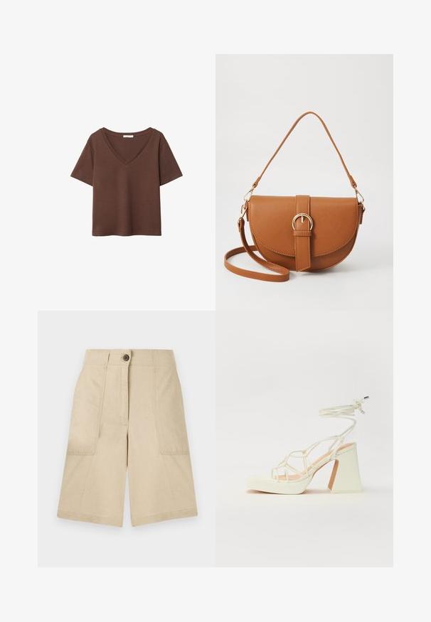 Braunes Baumwoll-T-Shirt mit kurzen Ärmeln und tiefem V-Ausschnitt. Einfaches Design, weiche Textur und gerade Saumlinie. Keine Muster oder Akzente.; Beige Leinen-Shorts mit zwei Seitentaschen, einem vorderen Knopfverschluss, geradem Schnitt und glatter Textur. Sauberes Design ohne Muster.; Weiße High-Heel-Sandale mit einem klobigen Absatz, die über ein Riemchendesign und ein Knöchelband verfügt. Glatte Textur mit einer Plattform vorne für zusätzliche Höhe.; Braune Leder-Crossbody-Tasche mit geschwungener Form, goldfarbenen Beschlägen und einer Schnallenakzentuierung. Verfügt über einen abnehmbaren Schultergurt.