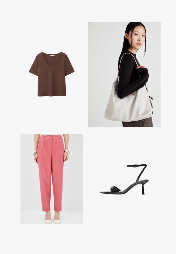 Brun bomulds t-shirt med korte ærmer og dyb V-hals. Enkel design, blød tekstur og lige kant. Ingen mønstre eller detaljer.; Rosa skræddersyede bukser med frontfolder og knaplukning, i en løs pasform og med lommer. Kombineret med hvide spidse hæle.; Bershka Højhælede sandaletter / Højhælede sandaler - black; Beige håndtaske lavet af blødt materiale med et slouchy design, stikninger og to skulderremme. Velegnet til daglig brug.