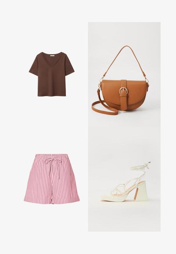 Brun bomulls t-shirt med korta ärmar och djup V-ringning. Enkel design, mjuk textur och rak fåll. Inga mönster eller dekorationer.; Pieces TAELYN - Shorts - pink-a-boo; Vit högklackad sandal med en kraftig klack, med ett remdesign och ankelband. Slät textur med en plattform framtill för ökad höjd.; Brun läder crossbody-väska med en böjd form, gyllene detaljer och en spänneaccent. Har en avtagbar axelrem.