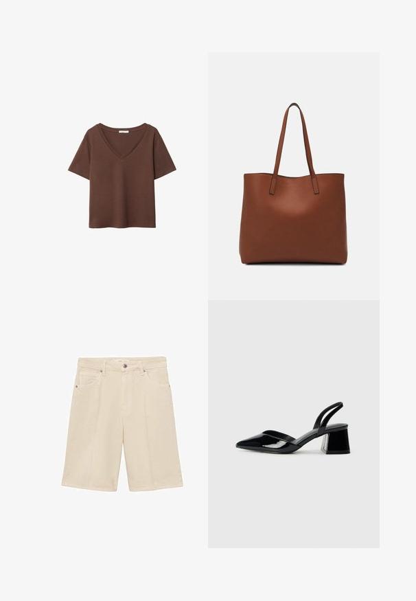 Brun bomulls t-shirt med korta ärmar och djup V-ringning. Enkel design, mjuk textur och rak fåll. Inga mönster eller dekorationer.; Beige bomullsshorts med dragkedja och knappstängning. Har fem fickor och diskreta sömnadsdetaljer. Regular fit och design som går till knäna.; Svarta lackläder slingback klackar med spetsig tå och geometrisk klack. Har en elegant, minimalistisk design och slät yta.; Brun läder tote-väska med en slät textur, öppen toppdesign och två axelremmar. Har minimal söm och ingen synlig metalldetalj.