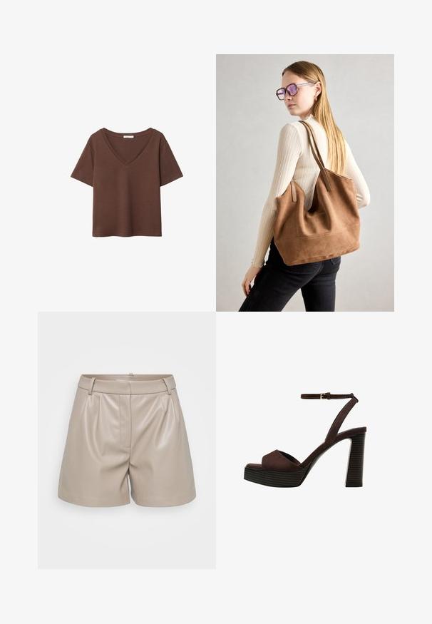 Ruskea puuvillapaita, jossa on lyhyet hihat ja syvä V-kaula-aukko. Yksinkertainen muotoilu, pehmeä rakenne ja suora helma. Ei kuvioita tai yksityiskohtia.; Vaaleanbeige nahkahousut, joissa on sileä pinta, taitokset, vyötärö vyölenkeillä ja yksi etutasku.; Ruske kožne sandale s visokom potpeticom, otvorenim prstima, podesivim kopčanjem oko gležnja i prugastim platformskim đonom.; Ruskea nubukkivuoriolaukku, jossa on pehmeä rakenne, tilava avaus ja pitkät hihnat. Ominaisuuksiin kuuluu yksinkertainen muotoilu näkyvine ompeleineen ja ilman metalliosia.