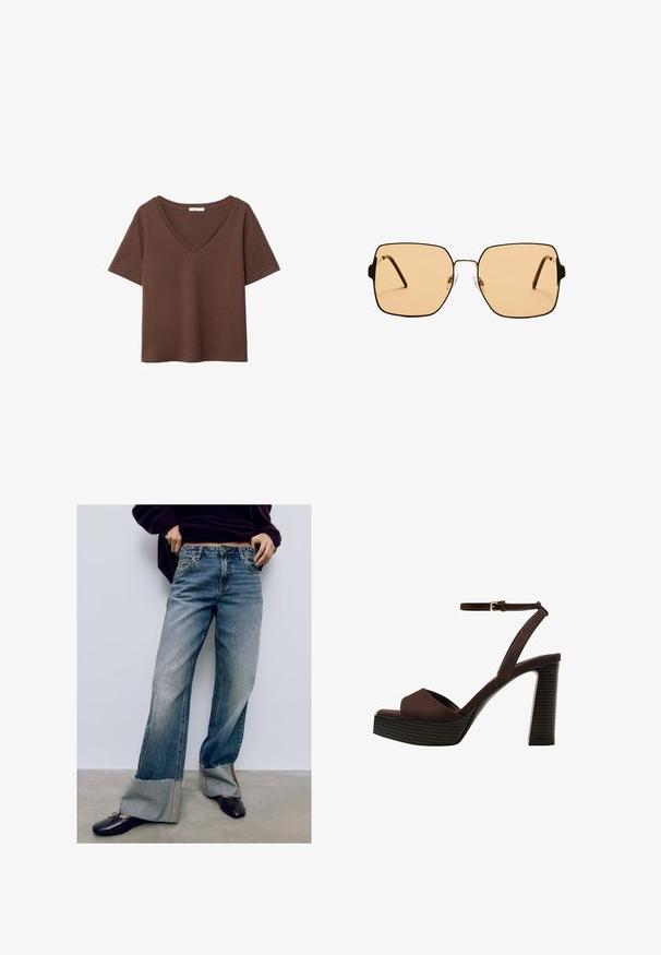 Rjava bombažna majica s kratkimi rokavi in globokim V-izrezom. Preprost dizajn, mehak material in raven rob. Brez vzorcev ali dekorativnih elementov.; Svetlo modri kavbojki širokega kroja s strganimi robovi, ki imajo kontrastne šive in sproščen kroj. Kombinirani z temnimi ravnimi čevlji.; Rjave semiš sandale z visoko peto, odprto spredaj, z nastavljivim gležnjenjem in črtastim podplatom.; Kvadratne sončna očala z rjavimi lečami in tankim črnim kovinskim okvirjem. Imajo poševne ušesne dele in nastavljive nosne blazinice za udobje.