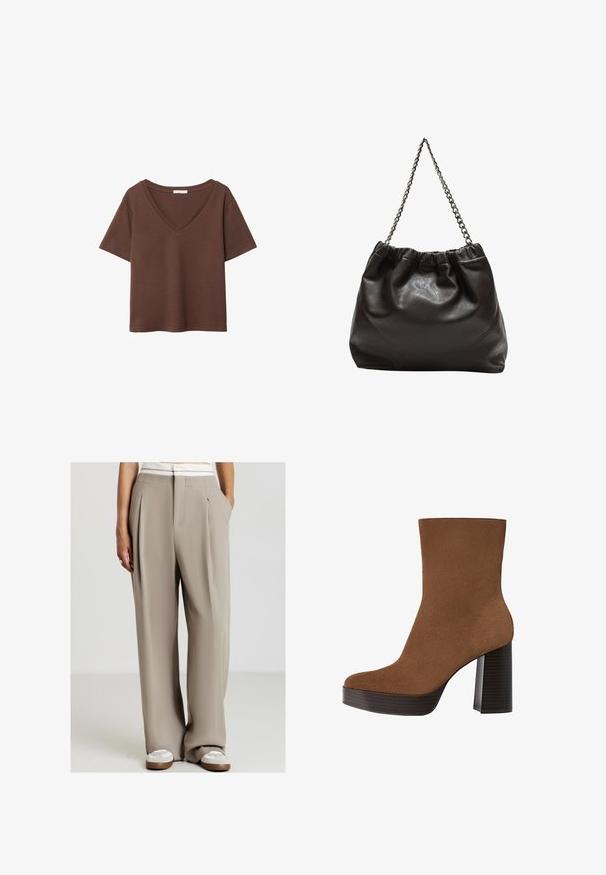 Braunes Baumwoll-T-Shirt mit kurzen Ärmeln und tiefem V-Ausschnitt. Einfaches Design, weiche Textur und gerade Saumlinie. Keine Muster oder Akzente.; Person trägt hochgeschnittene, weit geschnittene beigefarbene Hose mit Falten, weißen Taillen-Details und weißen Sneakers und steht mit den Händen in den Taschen.; Braunes Wildleder-Ankle Boot mit runder Spitze, klobigem schwarz gestreiften Absatz und glatter Oberfläche. Besitzt ein enganliegendes Design ohne sichtbare Beschläge.; Braune Lederhandtasche mit gerafftem Oberteil und Kettenriemen. Glatte Textur mit glänzendem Finish und subtilen Nahtdetails an den Seiten.
