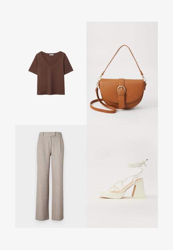 Ruskea puuvillapaita, jossa on lyhyet hihat ja syvä V-kaula-aukko. Yksinkertainen muotoilu, pehmeä rakenne ja suora helma. Ei kuvioita tai yksityiskohtia.; Beige taidettu housut, jotka on valmistettu teksturoidusta kankaasta, suoran lahkeen muotoilulla ja edessä olevilla laskoksilla. Ei näkyvää metalliosaa tai kuvioita.; Valkoinen korkokenkä, jossa on paksu korko, ja joka sisältää nauhakiinnityksen ja nilkkaketjun. Sujuva pinta, jossa on platform-etupohja lisäkorkeutta varten.; Ruskean nahkainen olkalaukku, jossa on kaareva muoto, kultaiset yksityiskohdat ja solkiyksityiskohta. Varustettu irrotettavalla olkahihnalla.