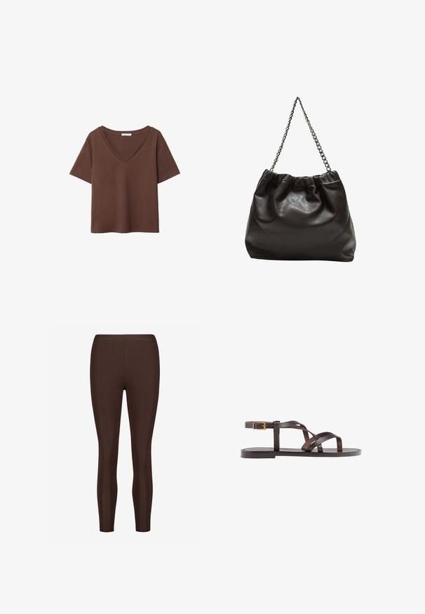 Brun bomulls t-shirt med korta ärmar och djup V-ringning. Enkel design, mjuk textur och rak fåll. Inga mönster eller dekorationer.; Bruna stretchiga leggins med en slät yta, med hög midja och avsmalnande benform, lämpliga för aktiv eller avslappnad användning.; Bruna lädersandaler med korsade remmar, spänne runt vristen och en platt sula med minimala sömnadsdetaljer.; Brun läderväska med rynkad topp och kedjesnodd. Slät textur med en blankslipad yta och subtila sömdetaljer på sidorna.