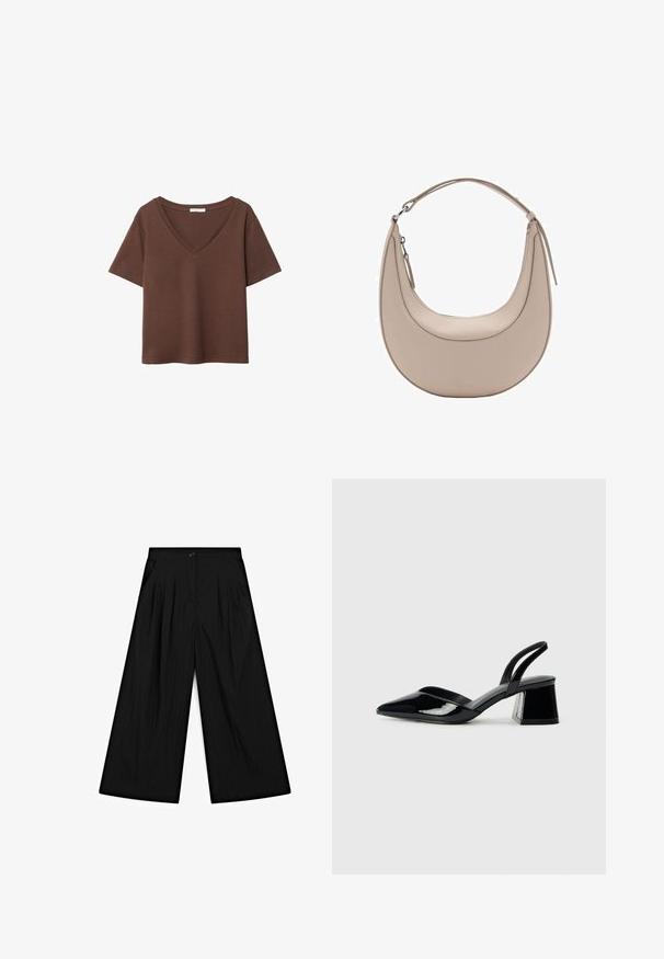 Braunes Baumwoll-T-Shirt mit kurzen Ärmeln und tiefem V-Ausschnitt. Einfaches Design, weiche Textur und gerade Saumlinie. Keine Muster oder Akzente.; Massimo Dutti FLOWING PALAZZO WITH DARTS - Stoffhose - black; Schwarze Lackleder-Slingback-High Heels mit spitzem Schuh und einem geometrischen Blockabsatz. Verfügt über ein schlankes, minimalistisches Design und eine glatte Textur.; Beige Leder Schultertasche in Halbmondform, mit glatter Oberfläche und einem geschwungenen Henkel. Verfügt über einen Reißverschluss und saubere Nähte.