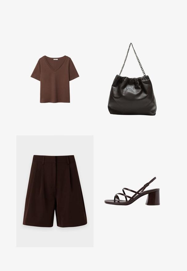 Hnědý bavlněný tričko s krátkými rukávy a hlubokým V-výstřihem. Jednoduchý design, měkká textura a rovný lem. Žádné vzory ani akcenty.; Hnědé šortky s upraveným designem a sklady, vyrobené z hladkého materiálu. Dokončeny páskem a bez viditelných kapes.; Hnědé sandály na vysokém podpatku s robustním podpatkem, s hladkým, lesklým povrchem a několika křížícími se pásky na svršku.; Hnědá kožená taška se sbíraným vrškem a řetízkovým popruhem. Hladký povrch s lesklým finišem a jemným švem na bocích.