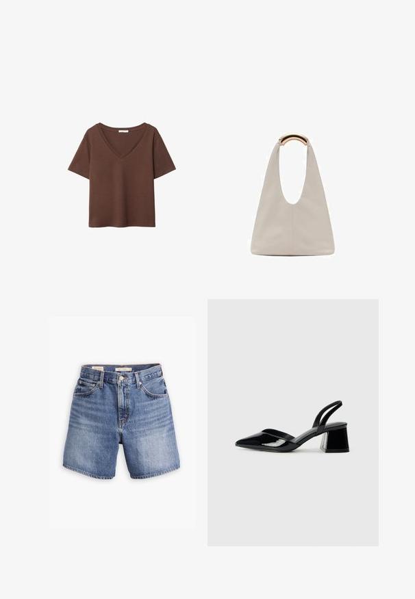Brun bomulls t-shirt med korta ärmar och djup V-ringning. Enkel design, mjuk textur och rak fåll. Inga mönster eller dekorationer.; Jeansshorts i medelblå färg, med en klassisk femfickorsdesign, knappstängning och rak benstil. Lätt blekt struktur över hela.; Svarta lackläder slingback klackar med spetsig tå och geometrisk klack. Har en elegant, minimalistisk design och slät yta.; Ljusgrå läderväska med en U-formad design och ett böjt metallhandtag. Slät textur med minimal sömnad och inga synliga mönster.
