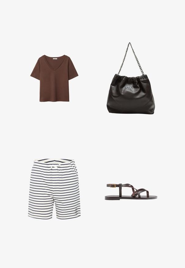 Smeđa pamučna majica kratkih rukava s dubokim V-izrezom. Jednostavan dizajn, mekana tekstura i ravni rub. Bez uzoraka ili naglasaka.; Prugasti kupaćih šortseva u bijeloj i mornarskoj boji, s elastičnom trakom u struku i vezicom, te malim detaljem s logom na donjem prednjem dijelu.; Smeđe kožne sandale s iskrižanim trakama, umetkom za zapešće s kopčanjem i ravnim potplatom s minimalnim detaljima šivanja.; Smeđa kožna torba s naboranim vrhom i lančićem za nošenje. Glatka tekstura s sjajnim završetkom i suptilnim šavnim detaljima sa strane.