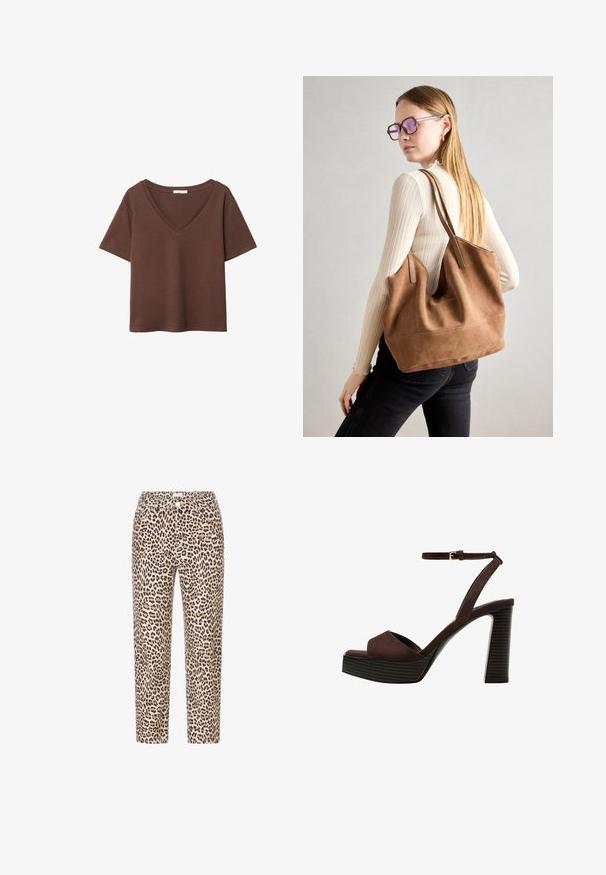 Rjava bombažna majica s kratkimi rokavi in globokim V-izrezom. Preprost dizajn, mehak material in raven rob. Brez vzorcev ali dekorativnih elementov.; Hlače s leopardjim potiskom imajo bež ozadje z črnimi pikami, ravno rez za širši izgled ter klasičen pas z gumbom spredaj.; Rjave semiš sandale z visoko peto, odprto spredaj, z nastavljivim gležnjenjem in črtastim podplatom.; Rjava semišna torba z mehko teksturo, velikim odprtjem in dolgimi ročaji. Ima preprost dizajn z vidnim šivanjem in brez okovja.