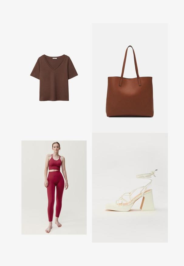 Hnědý bavlněný tričko s krátkými rukávy a hlubokým V-výstřihem. Jednoduchý design, měkká textura a rovný lem. Žádné vzory ani akcenty.; Born Living Yoga INDIA - Punčochy - burdeos; Bílé sandály na vysokém podpatku s robustním podpatkem, s designem s pásky a zavazováním kolem kotníku. Hladký povrch s platformou vpředu pro zvýšení výšky.; Hnědá kožená taška přes rameno s hladkou texturou, otevřeným designem a dvěma ramenními popruhy. Obsahuje minimální švy a žádné viditelné kovové prvky.