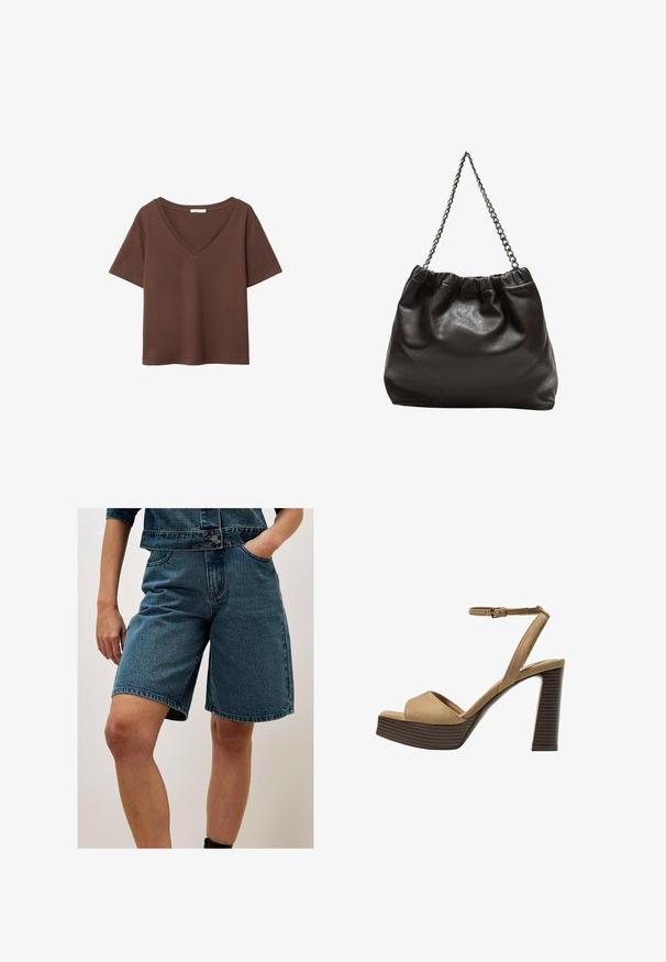 Ruskea puuvillapaita, jossa on lyhyet hihat ja syvä V-kaula-aukko. Yksinkertainen muotoilu, pehmeä rakenne ja suora helma. Ei kuvioita tai yksityiskohtia.; Apricot BERMUDA - Farkkushortsit - blue; Beige-nahkareunaiset korkokengät, joissa on leveä etuolka ja ankle strap, varustettu paksulla puukengän korolla, jossa on tekstuuripinta.; Ruskea nahkainen laukku, jossa on kerätty yläosa ja ketjuhihna. Tasainen pinta, jossa kiiltävä viimeistely ja hienovaraiset sauman yksityiskohdat sivuilla.