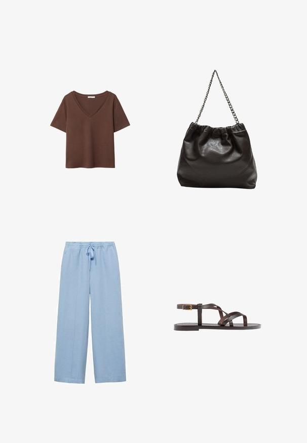 T-shirt in cotone marrone con maniche corte e scollo a V profondo. Design semplice, texture morbida e orlo dritto. Senza fantasie o dettagli.; Mango Pantaloni - light blue; Sandal in pelle marrone con cinturini incrociati, chiusura con cinturino alla caviglia e suola piatta con dettagli di cucitura minimi.; Borsa in pelle marrone con parte superiore arricciata e tracolla a catena. Texture liscia con finitura lucida e dettagli di cucitura sottili sui lati.