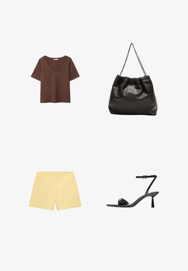 Braunes Baumwoll-T-Shirt mit kurzen Ärmeln und tiefem V-Ausschnitt. Einfaches Design, weiche Textur und gerade Saumlinie. Keine Muster oder Akzente.; Mango Shorts - light yellow; Bershka High Heel Sandalette - black; Braune Lederhandtasche mit gerafftem Oberteil und Kettenriemen. Glatte Textur mit glänzendem Finish und subtilen Nahtdetails an den Seiten.