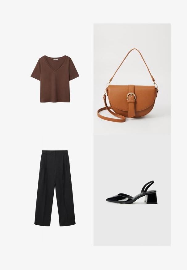 Ruskea puuvillapaita, jossa on lyhyet hihat ja syvä V-kaula-aukko. Yksinkertainen muotoilu, pehmeä rakenne ja suora helma. Ei kuvioita tai yksityiskohtia.; Mustat, leveälahkeiset housut, jotka on valmistettu sileästä kankaasta. Niissä on korkea vyötärö, laskokset ja räätälöity muotoilu, joka takaa strukturoituneen istuvuuden.; Mustat patentoitu nahkakengät, joissa on säären takaosa ja terävä kärki, sekä geometrinen palikkakorko. Sisältää tyylikkään, minimalistisen muotoilun ja sileän pinnan.; Ruskean nahkainen olkalaukku, jossa on kaareva muoto, kultaiset yksityiskohdat ja solkiyksityiskohta. Varustettu irrotettavalla olkahihnalla.