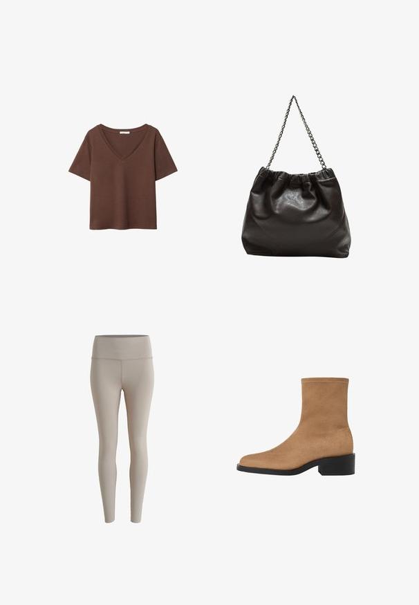Hnědý bavlněný tričko s krátkými rukávy a hlubokým V-výstřihem. Jednoduchý design, měkká textura a rovný lem. Žádné vzory ani akcenty.; Bežové legíny vyrobené z elastické tkaniny, s vysokým pasem a hladkým povrchem, bez viditelných vzorů nebo kovových detailů.; Světlé semišové kotníkové boty se čtveratým špičkou, nízkým blokovým podpatkem a bezšvým designem. Má jemné švy podél okrajů.; Hnědá kožená taška se sbíraným vrškem a řetízkovým popruhem. Hladký povrch s lesklým finišem a jemným švem na bocích.
