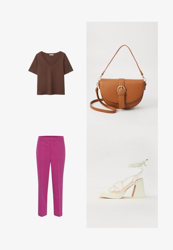 Brown cotton t-shirt with short sleeves and a deep V-neck. Simple design, soft texture, and straight hemline. No patterns or accents.; Kaffe KASAKURA - Chinos - festival fuchsia; White high-heeled sandal with a chunky heel, featuring a strappy design and ankle tie. Smooth texture with a platform front for added height.; Brown leather crossbody bag with a curved shape, gold hardware, and a buckle accent. Features a detachable shoulder strap.