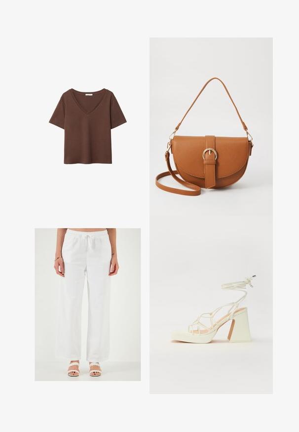 Brązowy bawełniany t-shirt z krótkimi rękawami i głębokim dekoltem w kształcie litery V. Prosty design, miękka faktura i prosty krój u dołu. Brak wzorów i akcentów.; Białe, luźne lniane spodnie z elastycznym pasem w talii i sznurkiem do regulacji. Gładka tekstura, szerokie nogawki i brak widocznych wzorów.; Biała sandał na wysokim obcasie z masywnym słupkiem, z paskowym wzorem i wiązaniem przy kostce. Gładka faktura z platformą z przodu dla dodatkowej wysokości.; Brązowa skórzana torba na ramię o zaokrąglonym kształcie, ze złotymi akcentami i zapięciem w formie klamry. Posiada odpinany pasek na ramię.