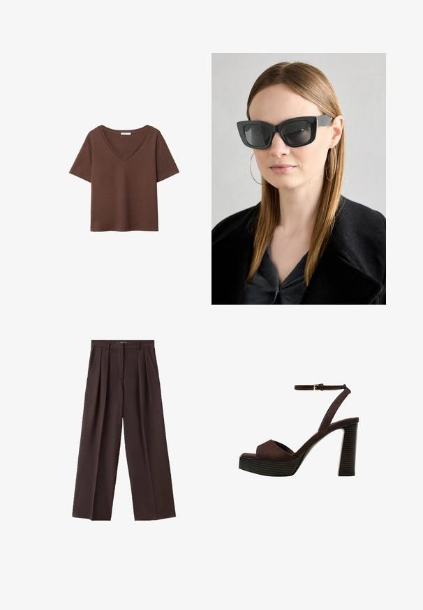 Brun bomulds t-shirt med korte ærmer og dyb V-hals. Enkel design, blød tekstur og lige kant. Ingen mønstre eller detaljer.; Brune vide bukser lavet af tekstureret stof, med frontfolder, sidelommer og et klassisk taljebånddesign.; Brune ruskinds højhælede sandal med åben tå, justerbar ankelrem og en stribet plade sål.; Sorte katteøje solbriller med mørke linser, tykke rammer og subtile detaljer. Båret med en sort frakke og en grå bluse, med langt, glat hår.