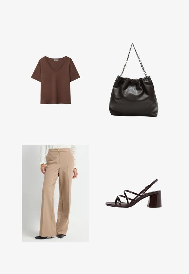 Hnědý bavlněný tričko s krátkými rukávy a hlubokým V-výstřihem. Jednoduchý design, měkká textura a rovný lem. Žádné vzory ani akcenty.; Béžové kalhoty s širokými nohavicemi a vysokým pasem, se zapínáním na knoflíky, nošené s černými lodičkami s špičatou špičkou a bílou halenkou s volánkovými manžetami.; Hnědé sandály na vysokém podpatku s robustním podpatkem, s hladkým, lesklým povrchem a několika křížícími se pásky na svršku.; Hnědá kožená taška se sbíraným vrškem a řetízkovým popruhem. Hladký povrch s lesklým finišem a jemným švem na bocích.