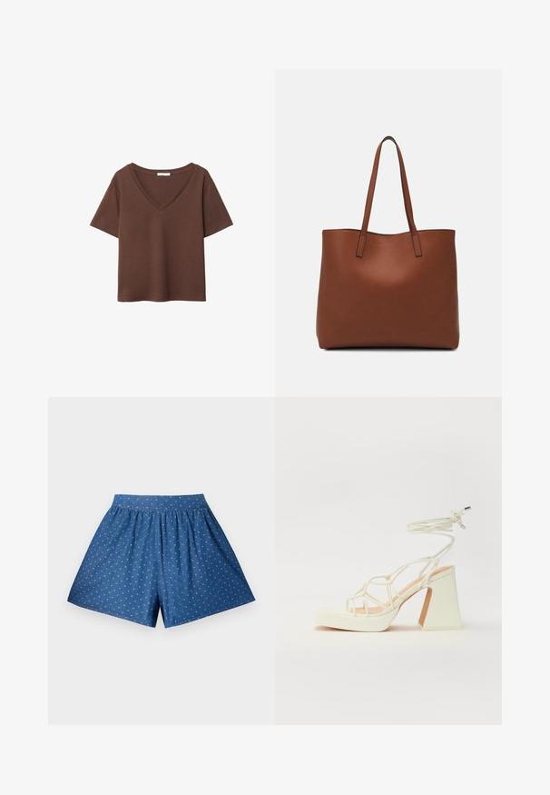 Ruskea puuvillapaita, jossa on lyhyet hihat ja syvä V-kaula-aukko. Yksinkertainen muotoilu, pehmeä rakenne ja suora helma. Ei kuvioita tai yksityiskohtia.; Sinisiä farkkucutseja, joissa on joustava vyötärö ja valkoinen pilkkukuosi. Ominaisuudet: rento istuvuus ja polven pituinen leikkaus. Sileä pinta.; Valkoinen korkokenkä, jossa on paksu korko, ja joka sisältää nauhakiinnityksen ja nilkkaketjun. Sujuva pinta, jossa on platform-etupohja lisäkorkeutta varten.; Ruskea nahkainen olkalaukku, jossa on sileä pinta, avoin yläosa ja kaksi olkahihnaa. Omaavat vain minimaalisen ompelun eikä näkyvää metalliosaa.