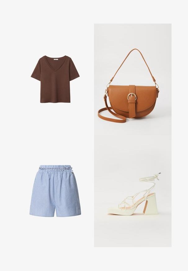 Hnedé bavlnené tričko s krátkymi rukávmi a hlbokým V-výstrihom. Jednoduchý dizajn, jemná textúra a rovný lem. Bez vzorov alebo akcentov.; Pruhované modré šortky s elastickým pásom a pleteným šnúrkou. Disponujú vertikálnymi bielymi pruhmi a voľným strihom.; Biele sandále na vysokom opätku s hrubým podpätkom, s pruhovaným dizajnom a viazaním na členku. Hladký povrch s platformou vpredu pre zvýšenú výšku.; Hnedá kožená kabelka cez telo s zakriveným tvarom, zlatými kovovými doplnkami a akcentom s prackou. Obsahuje odnímateľný ramenný popruh.