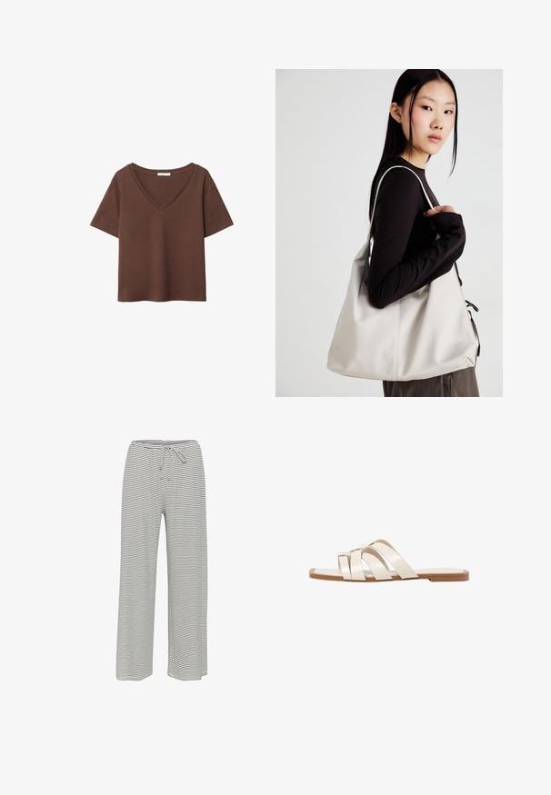 Brown cotton t-shirt with short sleeves and a deep V-neck. Simple design, soft texture, and straight hemline. No patterns or accents.; Striped wide-leg pants in black and white. Made from soft fabric with an elastic waistband and drawstring for adjustable fit.; Flat sandals with a tan rubber sole, designed with three overlapping white leather straps and a small bow detail at the center.; Beige handbag made of soft material, featuring a slouchy design, stitched detailing, and two shoulder straps. Suitable for everyday use.