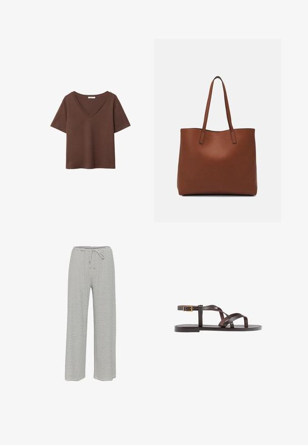 T-shirt in cotone marrone con maniche corte e scollo a V profondo. Design semplice, texture morbida e orlo dritto. Senza fantasie o dettagli.; Pantaloni larghi a righe in bianco e nero. Realizzati in tessuto morbido con vita elasticizzata e cordoncino per una vestibilità regolabile.; Sandal in pelle marrone con cinturini incrociati, chiusura con cinturino alla caviglia e suola piatta con dettagli di cucitura minimi.; Borsa tote in pelle marrone con texture liscia, design con apertura superiore e due spallacci. Presenta cuciture minime e nessun hardware visibile.