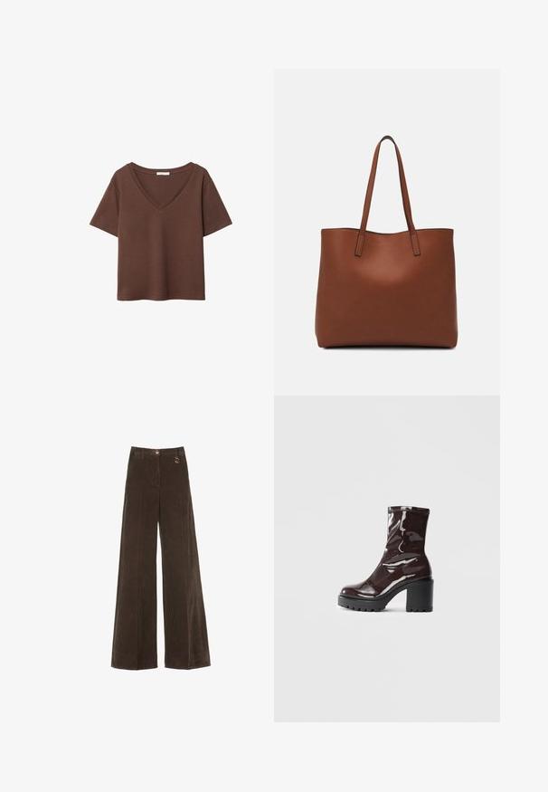 Brązowy bawełniany t-shirt z krótkimi rękawami i głębokim dekoltem w kształcie litery V. Prosty design, miękka faktura i prosty krój u dołu. Brak wzorów i akcentów.; Brązowe szerokie spodnie z korduroy z wysokim stanem, z złotym guzikiem i dekoracyjnym detalem w postaci pierścienia. Teksturowany, miękki materiał z pionowymi paskami.; Błyszczące bordowe botki za kostkę z masywną czarną obcasem, charakteryzujące się gładką teksturą i prostym wzornictwem. Brak widocznych zapięć lub wzorów.; Brązowa skórzana torba tote o gładkiej fakturze, z otwartym wierzchem i dwoma ramiączkami. Charakteryzuje się minimalnym przeszyciem i brakiem widocznych elementów metalowych.