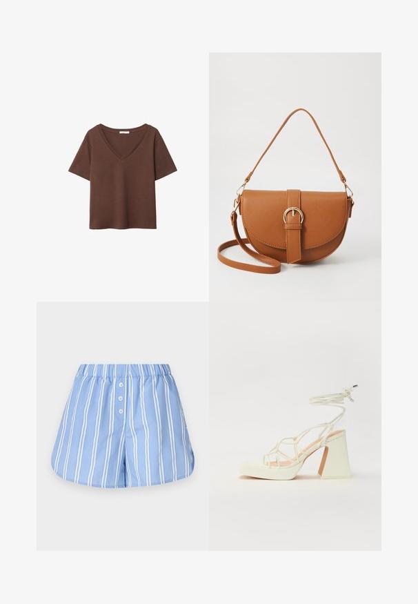 Smeđa pamučna majica kratkih rukava s dubokim V-izrezom. Jednostavan dizajn, mekana tekstura i ravni rub. Bez uzoraka ili naglasaka.; Svijetloplave kratke hlače od pamučne tkanine s vertikalnim bijelim prugama, s pojasom s vezicom i tri prednja gumba.; Bijela sandala na visokoj potpetici s debelim petom, s remenom i vezanjem oko gležnja. Glatka tekstura s platformom sprijeda za dodatnu visinu.; Smeđa kožna torba preko tijela s zakrivljenim oblikom, zlatnim metalnim detaljima i naglaskom na kopču. Ima odvojivu naramenicu.
