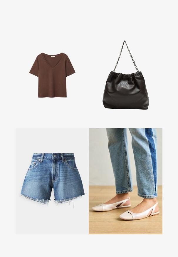Rjava bombažna majica s kratkimi rokavi in globokim V-izrezom. Preprost dizajn, mehak material in raven rob. Brez vzorcev ali dekorativnih elementov.; GAP LOW RISE STRIDE - Kratke hlače iz džinsa - medium destroy; Svijetloružičaste slingback balerinke s šiljastim nožnim prstima, napravljene od glatkog materijala nalik koži. Imaju izrezane detalje sa strane i ravne pete.; Rjava usnjena torba z nabranim vrhom in verižnim trakom. Gladka tekstura z sijajno površino in subtilnimi šivi na straneh.