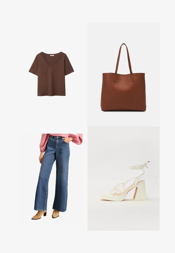 Smeđa pamučna majica kratkih rukava s dubokim V-izrezom. Jednostavan dizajn, mekana tekstura i ravni rub. Bez uzoraka ili naglasaka.; Plave traperice širokih nogavica s visokim strukom, prednjim džepovima i klasičnim dizajnom s pet džepova. Glatka tekstura s tamnim pranjem.; Bijela sandala na visokoj potpetici s debelim petom, s remenom i vezanjem oko gležnja. Glatka tekstura s platformom sprijeda za dodatnu visinu.; Smeđa kožna torba preko ramena s glatkom teksturom, otvorenim vrhom i dvjema naramenicama. Ima minimalne šavove i nema vidljivog hardvera.