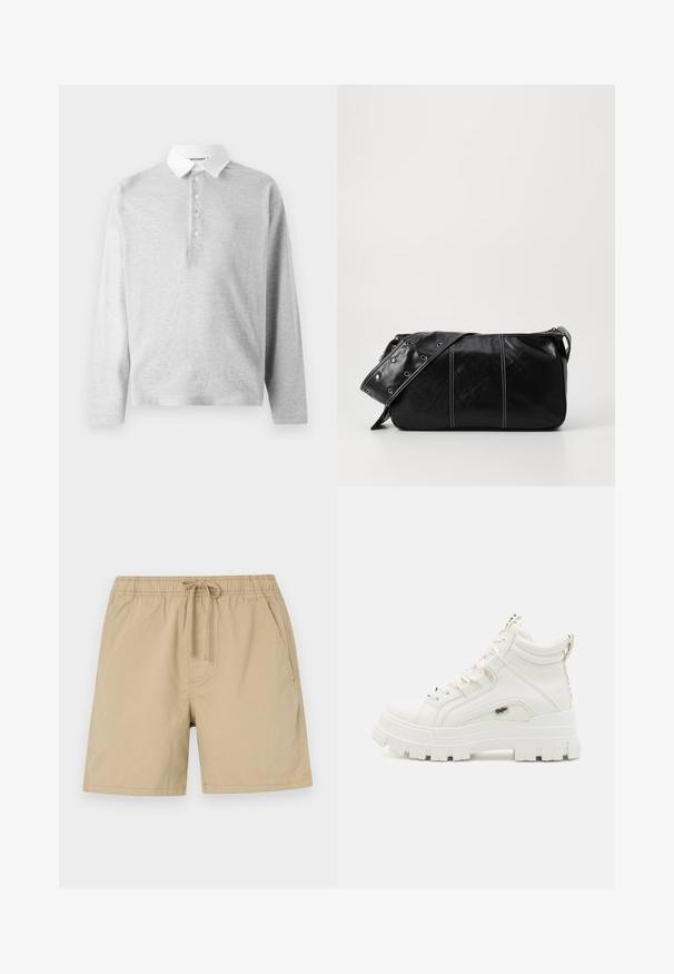 Light gray long-sleeve polo shirt made of soft fabric, featuring a white collar and four-button placket. Smooth texture, casual design.; Beige shorts made of cotton with an elastic waistband, drawstring, and side pockets. Smooth texture and above-the-knee length.; White ankle-high sneakers with a textured finish, thick rubber sole, and padded collar. Features lace-up design and a logo accent.; Black leather shoulder bag with a zip closure, featuring a textured body, white stitching, and a strap with silver grommets.
