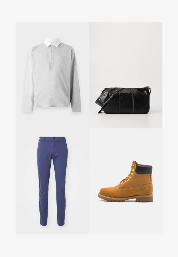 Světle šedá polokošile s dlouhým rukávem vyrobená z měkké tkaniny, s bílým límečkem a čtyřknoflíkovou légou. Hladká textura, neformální design.; Námořnické modré kalhoty se slim fit střihem, se zapínáním na knoflík, poutky na opasek a hladkým bavlněným povrchem.; Hnědé semišové kotníkové boty s černým polstrovaným límcem, zlatými kovovými očky, bílým prošíváním a odolnou gumovou podrážkou s výraznými drážkami.; Černá kožená kabelka přes rameno se zapínáním na zip, s texturovaným tělem, bílým prošíváním a popruhem se stříbrnými očky.