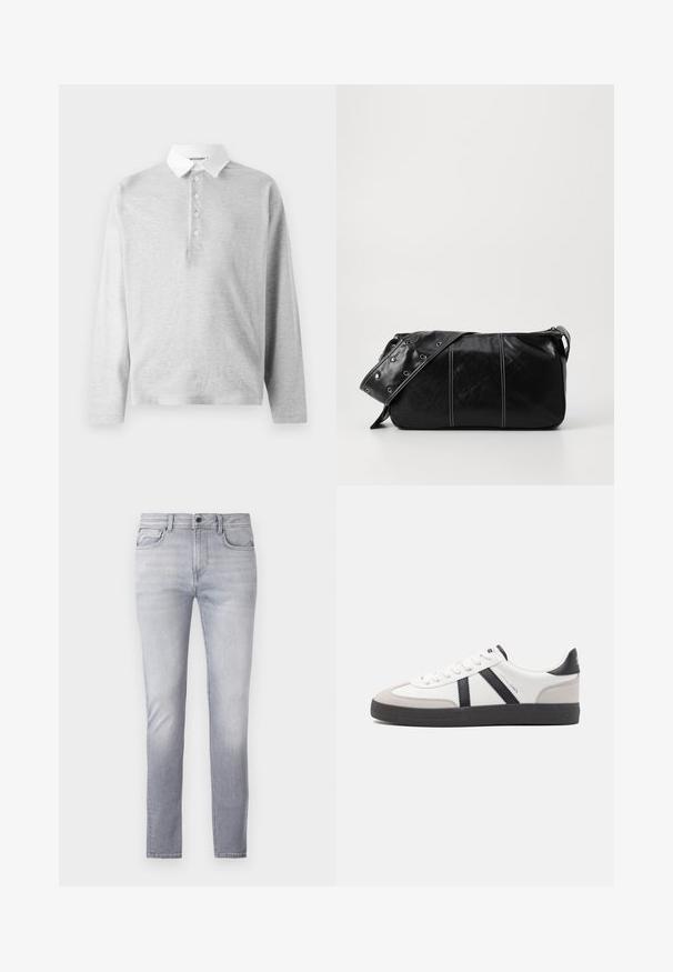 Hele hall polo-särk pikka varrukaga, tehtud pehmest kangast, millel on valge krae ja neli nupuvajutust. Sile tekstuur, lihtne disain.; Heledad hallid teksapüksid sirge lõikega, viie taskuga, nööbi ja tõmbluku kinnitusega ning kergelt pleekinud reite piirkonnas.; Valged tossud mustade ja hallide aktsentidega, tekstureeritud halli varbakattega, musta kummitald ja lamedad valged paelad. Puhtad jooned, minimalistlik stiil.; Must mustra nahkainine õlakott, millel on tõmblukk, tekstureeritud pind, valged õmblused ja rihm hõbedaste rõngastega.