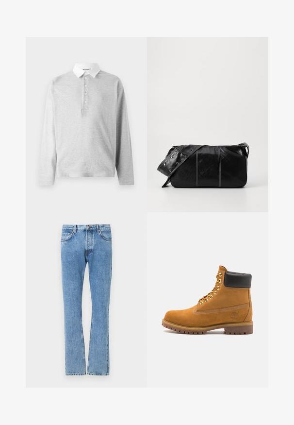 Polo de manga larga gris claro, hecho de una tela suave, con un cuello blanco y una botonadura de cuatro botones. Textura suave, diseño casual.; Jeans de mezclilla azul claro con corte recto, cinco bolsillos y detalles de costura en contraste. Cintura estándar con cierre de botón.; Botín de ante marrón claro con collar acolchado negro, ojales de metal dorado, detalles de costura blanca y suela de goma resistente con tacos pronunciados.; Bolso de hombro de cuero negro con cierre de cremallera, que presenta un cuerpo texturizado, costuras blancas y una correa con ojales plateados.