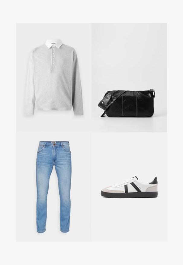 Svetlo siva polo majica s dugim rukavima, izdelana iz mehkega materiala, s belim ovratnikom in štiri gumbi. Gladka tekstura, sproščen dizajn.; Svetlo modri kavbojki s ravnim rezom, ki imajo zadrgo, pet žepov in rjav usnjen logotip na zadnjem pasu.; Bela športna obutev z črnimi in sivo akcenti, z teksturirano sivo kapico za prste, črnim gumijastim podplatom in ravnimi belimi vezalkami. Čista zasnova, minimalistični slog.; Črna usnjena torba za ramo z zadrgo, ki ima teksturirano telo, belo šivanje in trak s srebrnimi luknjami.