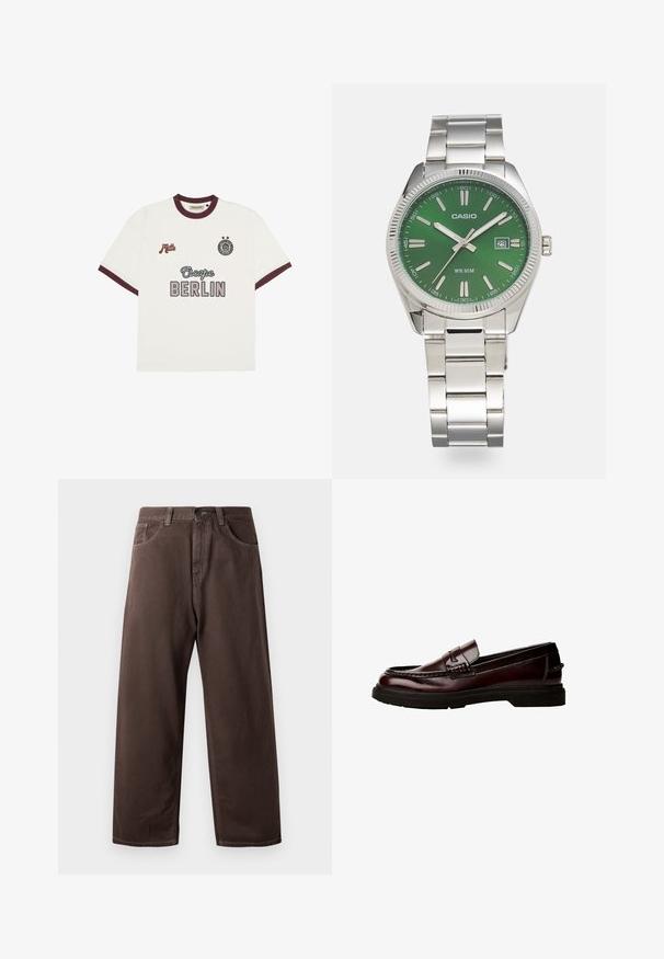 Valkoinen lyhythihainen T-paita, jossa on tummanpunainen reunus, "Escape BERLIN" -teksti etuosassa keskellä, "Mitte" vasemmassa rinnassa ja pyöreä emblem, jossa on kaksi tähteä oikeassa rinnassa.; Ruske levele hlače širokih nogavica iz bombaža, s klasičnim oblikovanjem petih žepov, zadrgo in vidnimi šivi.; Ruske nahkasaappaat pyöreällä varpaalla, yksityiskohtaisella ompeleella ja kumipohjalla. Ominaisuuksiin kuuluu koristeellinen hihna, sileä pinta.; Himmerkettsvitt rostfritt stål armbandsur med en rund grön urtavla, silverfärgade timmarkörer, datumvisning och metal länkarmband. Vattentålig upp till 50 meter.