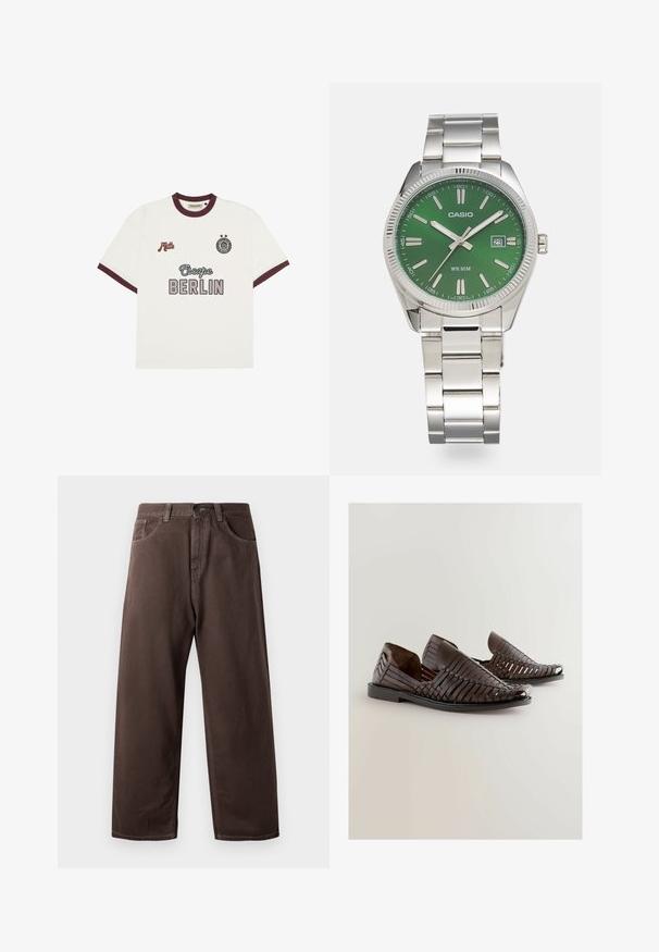 T-shirt bianco a maniche corte con rifiniture borgogna, testo "Escape BERLIN" al centro davanti, "Mitte" sul lato sinistro del petto e un emblema circolare con due stelle sul lato destro del petto.; Pantaloni larghi marroni in cotone, con un classico design a cinque tasche, chiusura con zip e dettagli di cucitura visibili.; Scarpe slip-on in pelle intrecciata marrone con punta aperta, caratterizzate da una superficie liscia, suola piatta e design arrotondato per il comfort.; Orologio in acciaio inossidabile argentato con quadrante rotondo verde, marcatori delle ore argentati, display della data e bracciale a maglie in metallo. Resistente all'acqua fino a 50 metri.