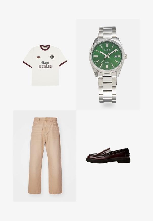 Fehér, rövid ujjú póló burgundi szegéllyel, középen az "Escape BERLIN" felirattal, bal oldalon a "Mitte" felirattal, és jobboldalon egy kör alakú emblémával, két csillaggal.; Beige, bő szárú farmernadrág magas derekkal, öt zsebbel és fém gombos zárással. Simaság jellemzi, denim anyagból készült.; Barna bőr loaferek lekerekített orral, részletes varrással és gumitalppal. Díszes pánttal rendelkezik, sima textúrájú.; Ezüst rozsdamentes acél óra kerek zöld számlappal, ezüst órák jelzőivel, dátumkijelzővel és fémlánc karkötővel. Vízálló 50 méterig.
