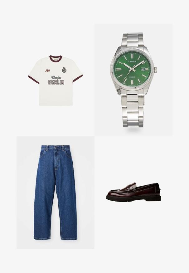 Bela kratka majica s kratkimi rokavi z burgundskimi robovi, besedilo "Escape BERLIN" na sprednji strani na sredini, "Mitte" na levem prsnem delu in krožni emblem z dvema zvezdama na desnem prsnem delu.; Jeans širokih nogavic iz denima v temno modri barvi. Imajo visok pas, zanke za pas in klasičen pet-namenski dizajn. Šivi so zaključeni z urejenim robom.; Rjave usnjene loafer čevlje z zaobljenim nosom, podrobnim šivanjem in gumijastim podplatom. Imajo okrasni trak in gladko teksturo.; Srebrna ura iz nerjavečega jekla z okroglo zeleno številčnico, srebrnimi oznakami ur, prikazom datuma in kovinskim povezovalnim pasom. Vodoodporna do 50 metrov.