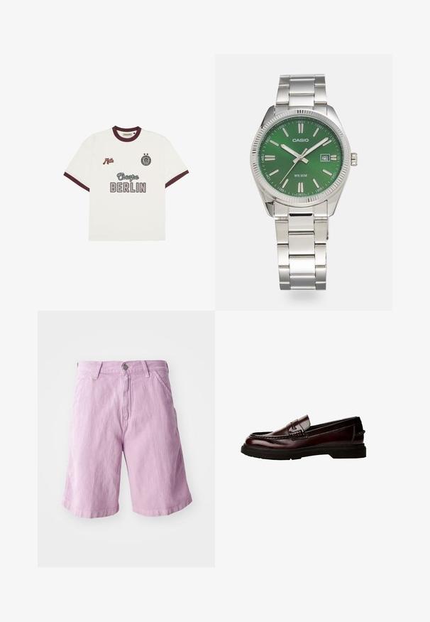 T-shirt bianco a maniche corte con rifiniture borgogna, testo "Escape BERLIN" al centro davanti, "Mitte" sul lato sinistro del petto e un emblema circolare con due stelle sul lato destro del petto.; Pantaloni corti in denim lilla con taglio dritto, dotati di chiusura con bottone e cerniera, design a cinque tasche e texture sottile.; Mocassini in pelle marrone con punta arrotondata, cuciture dettagliate e suola in gomma. Presentano una fascia decorativa e una texture liscia.; Orologio in acciaio inossidabile argentato con quadrante rotondo verde, marcatori delle ore argentati, display della data e bracciale a maglie in metallo. Resistente all'acqua fino a 50 metri.
