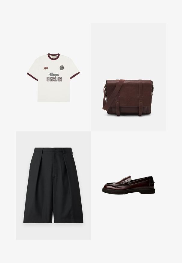 Bela kratka majica s kratkimi rokavi z burgundskimi robovi, besedilo "Escape BERLIN" na sprednji strani na sredini, "Mitte" na levem prsnem delu in krožni emblem z dvema zvezdama na desnem prsnem delu.; Versace Jeans Couture TECHNICAL TAILORING - Kratke hlače - black; Rjave usnjene loafer čevlje z zaobljenim nosom, podrobnim šivanjem in gumijastim podplatom. Imajo okrasni trak in gladko teksturo.; Rjava usnjena torba za sporočila z ravnim sprednjim poklopcem, dvema trakovoma, zlatimi kovinskimi detajli in nastavljivim naramnim pasom.; Srebrna ura iz nerjavečega jekla z okroglo zeleno številčnico, srebrnimi oznakami ur, prikazom datuma in kovinskim povezovalnim pasom. Vodoodporna do 50 metrov.