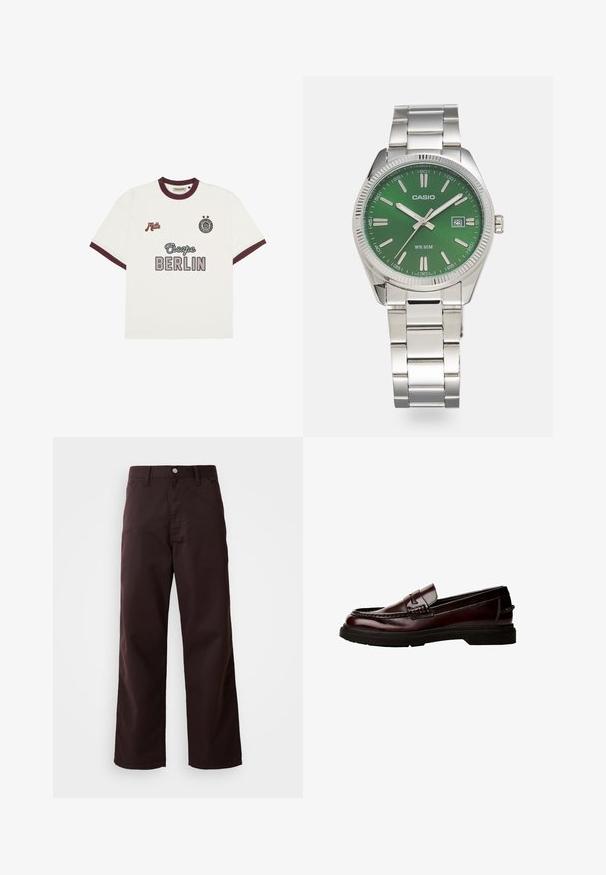 Weißes T-Shirt mit kurzen Ärmeln und burgunderfarbenen Akzenten, mit dem Text "Escape BERLIN" in der Mitte auf der Vorderseite, "Mitte" auf der linken Brust und einem runden Emblem mit zwei Sternen auf der rechten Brust.; Dunkelbraune weit geschnittene Hose aus robustem Baumwollstoff, mit einem vorderen Knopfverschluss und zwei Seitentaschen. Glatte Textur, klassisches Design.; Braune Leder Slipper mit abgerundetem Zeh, detaillierter Steppnaht und Gummisohle. Verfügt über einen dekorativen Riemen und eine glatte Textur.; Silberner Edelstahl-Armbanduhr mit rundem grünen Zifferblatt, silbernen Stundenindikatoren, Datumsanzeige und Metallgliederarmband. Wasserdicht bis 50 Meter.